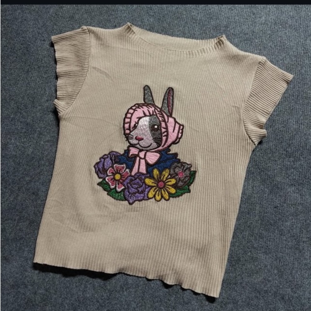 Kids Beige Bunny Embroidered Top